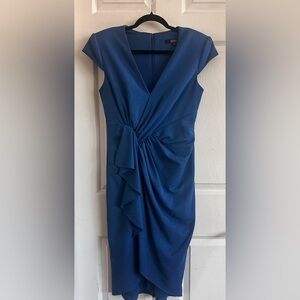 Badgley Mischka Women’s Navy Blue V-Neck Midi Dress with Front Ruching